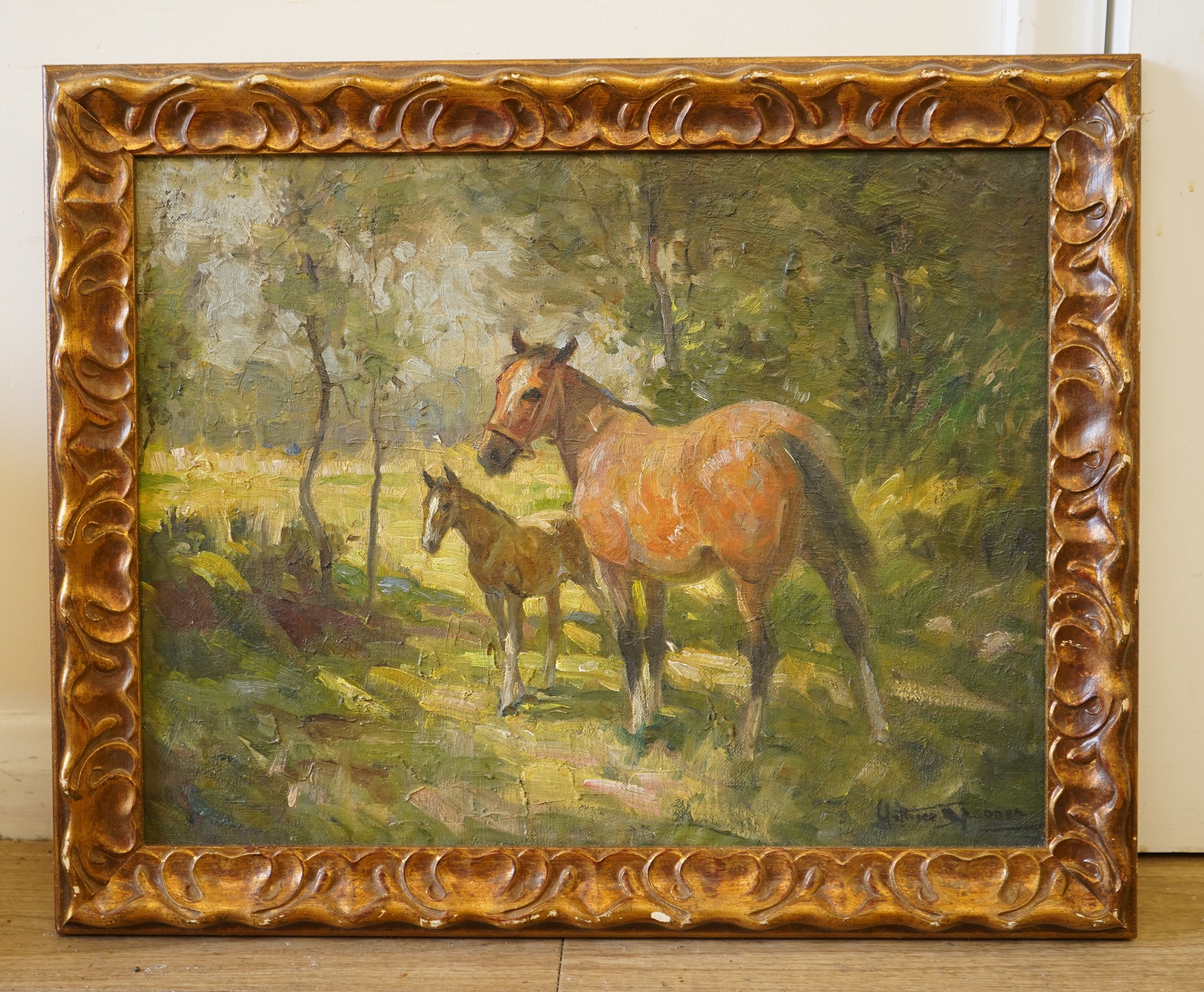 Arthur Spooner (1873-1962), Study of a mare and foal, signed, oil on canvas, 36 x 47cm, Provenance - Artists summer studio, East coast.